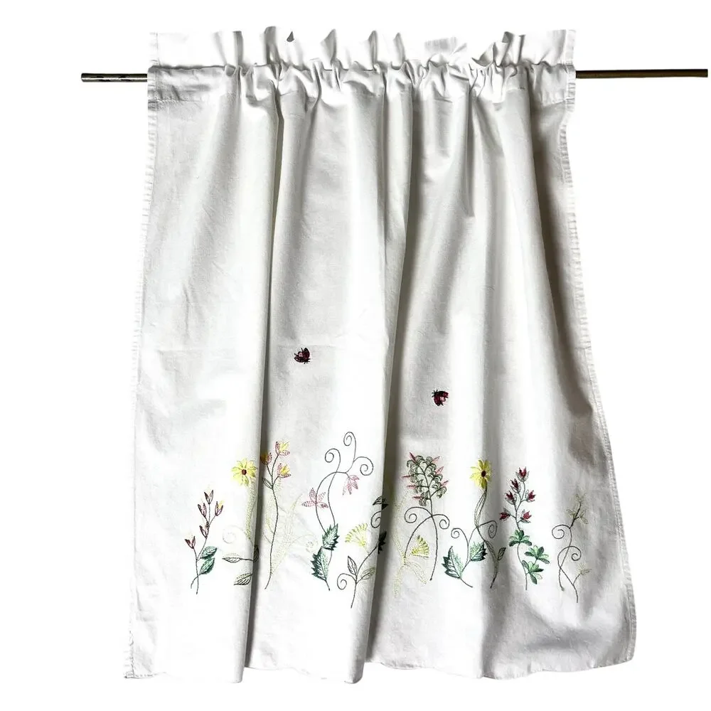Pair of Embroidered Floral Cafe Curtains White Cotton Ladybug French Country